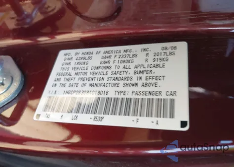 2009 Honda Accord 2.4 Lx from USA, damaged, VIN 1HGCP26309A019016